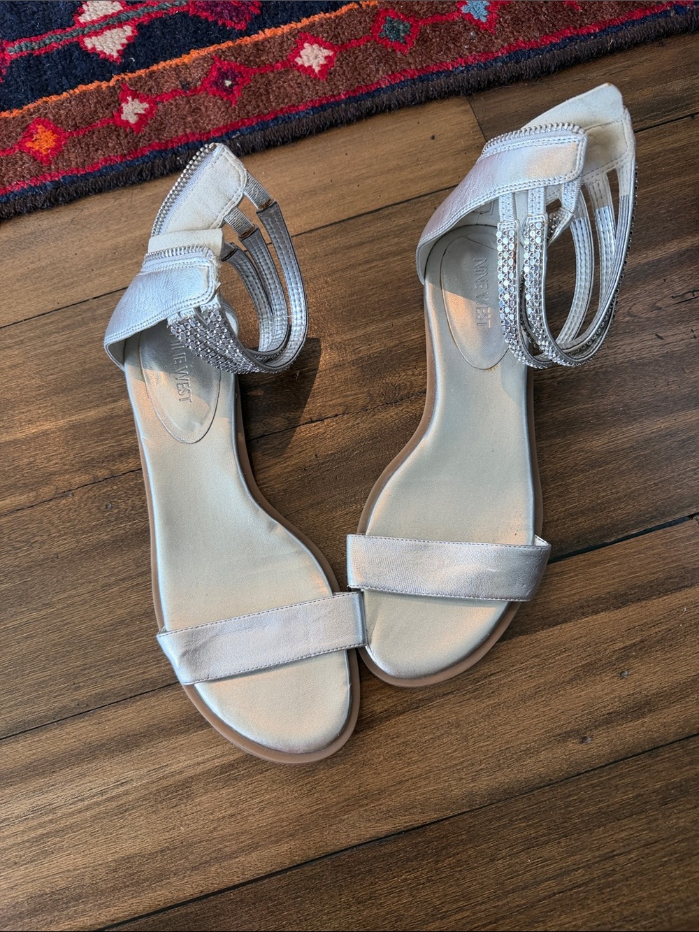 Nine West Silver Ankle-Strap Sandals with Rhinestone Details